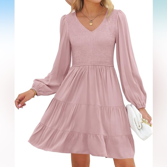 Long Sleeve Smocked Babydoll Ruffle A Line Tiered Mini Dress Size Medium Pink - Picture 2 of 11